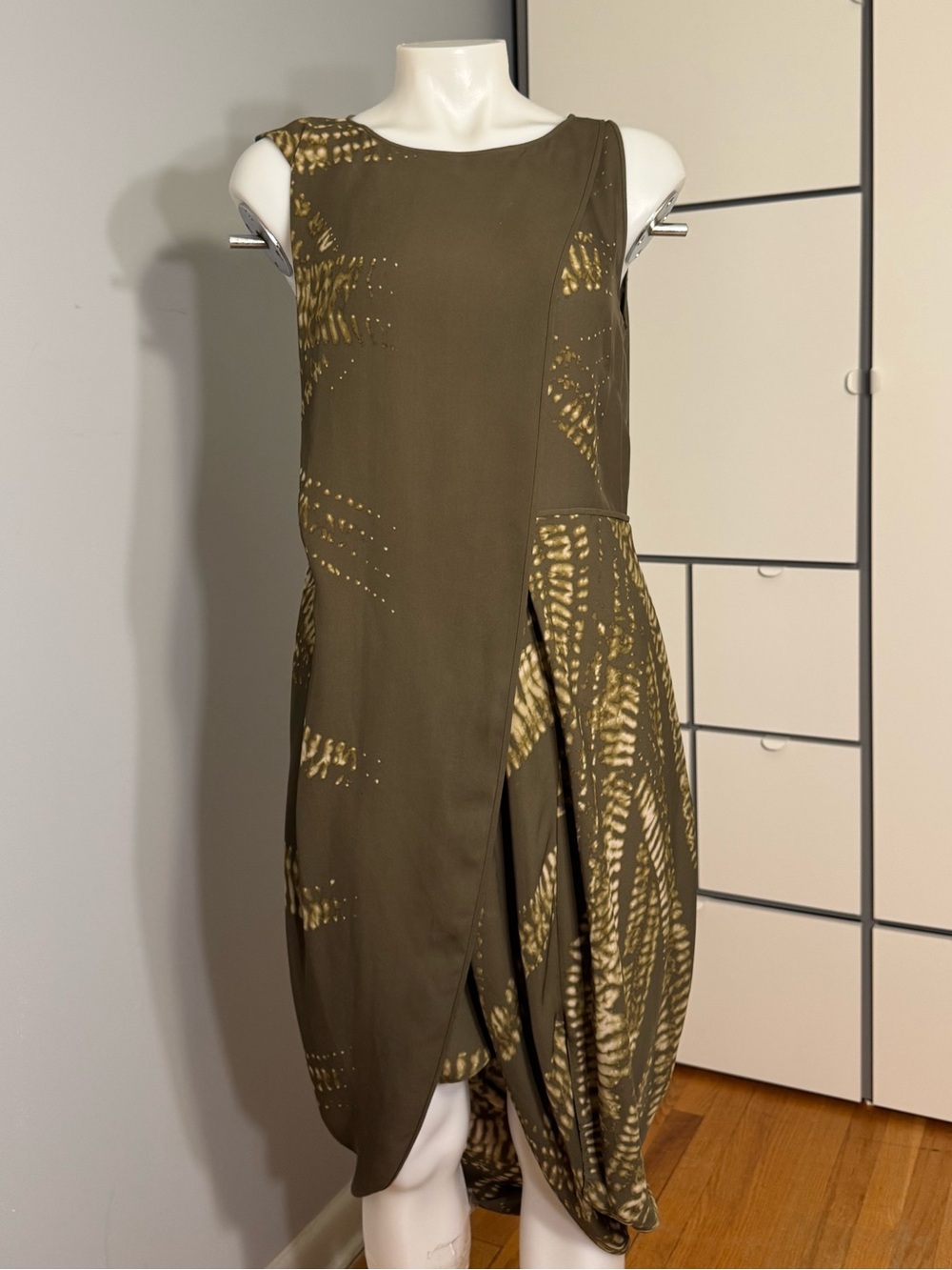 Olive Green Asymmetrical Sleeveless Draped Dress